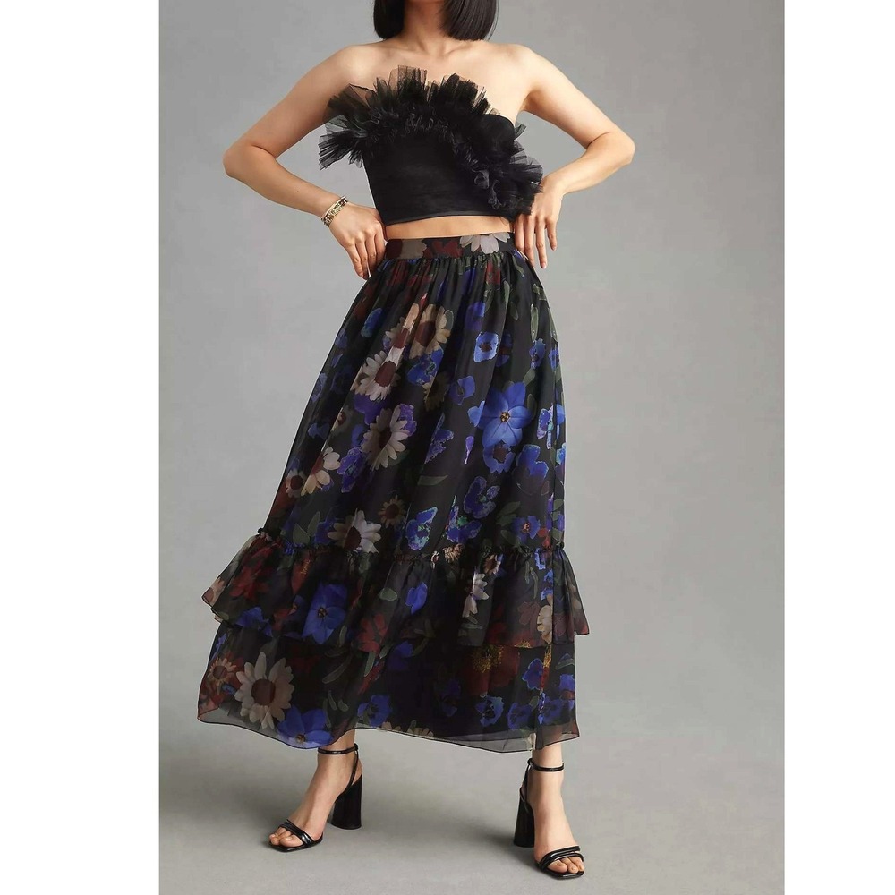 Anthropologie Geisha‎ Designs Paras and Shalini Black Floral Tiered Maxi Skirt